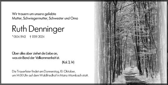 Traueranzeige von Ruth Denninger von Allgemeine Zeitung Mainz