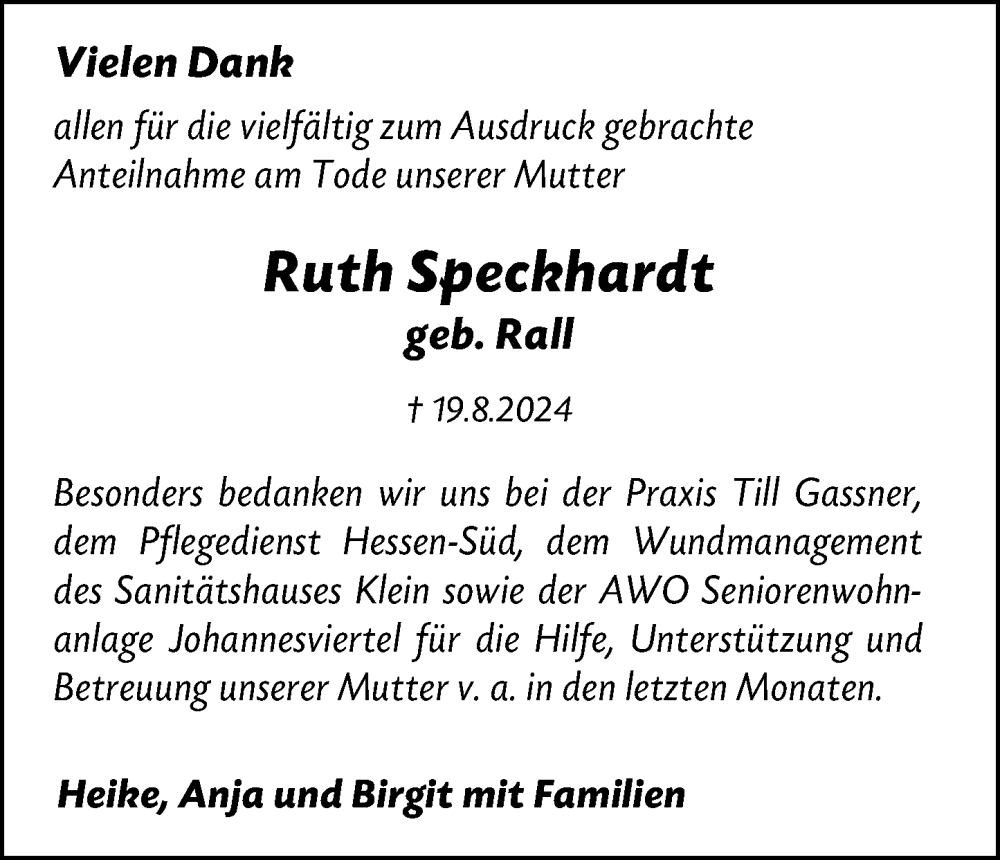  Traueranzeige für Ruth Speckhardt vom 28.09.2024 aus Darmstädter Echo