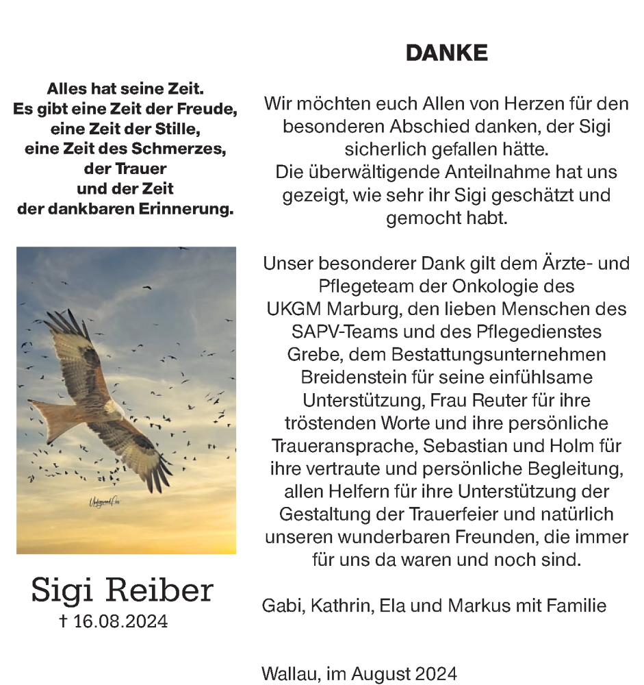  Traueranzeige für Sigi Reiber vom 09.09.2024 aus Hinterländer Anzeiger