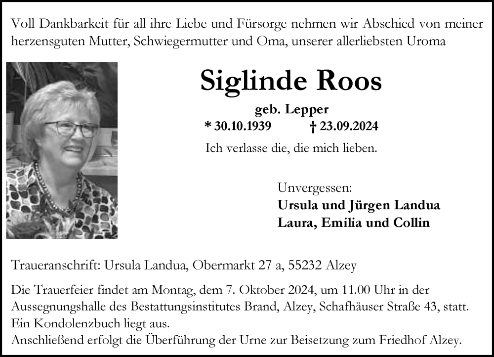  Traueranzeige für Siglinde Roos vom 28.09.2024 aus Allgemeine Zeitung Alzey