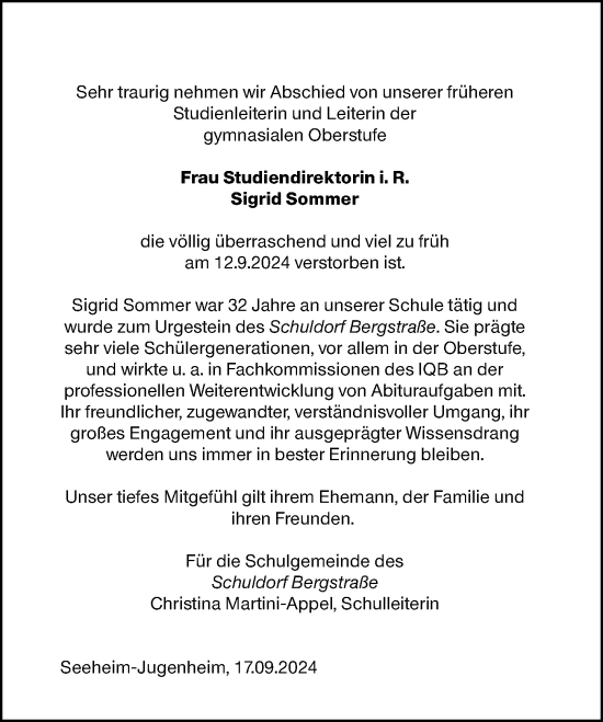 Traueranzeige von Sigrid Sommer von Darmstädter Echo