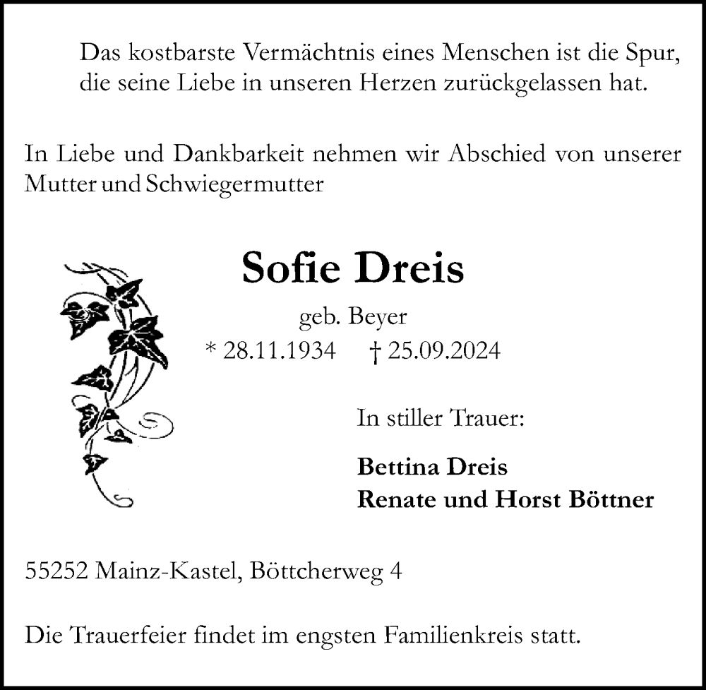  Traueranzeige für Sofie Dreis vom 28.09.2024 aus Allgemeine Zeitung Mainz