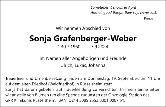 Traueranzeige von Sonja Grafenberger-Weber von Rüsselsheimer Echo