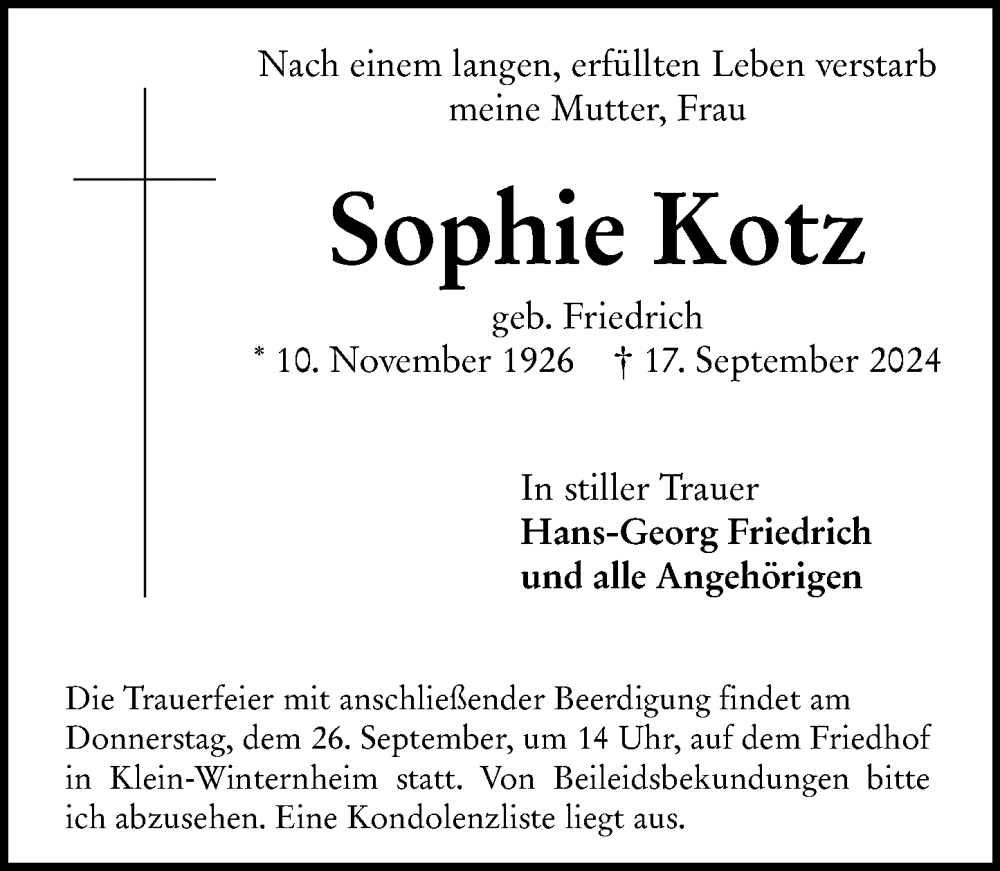  Traueranzeige für Sophie Kotz vom 24.09.2024 aus Allgemeine Zeitung Mainz