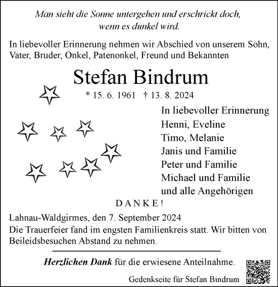 Traueranzeige von Stefan Bindrum von Wetzlarer Neue Zeitung