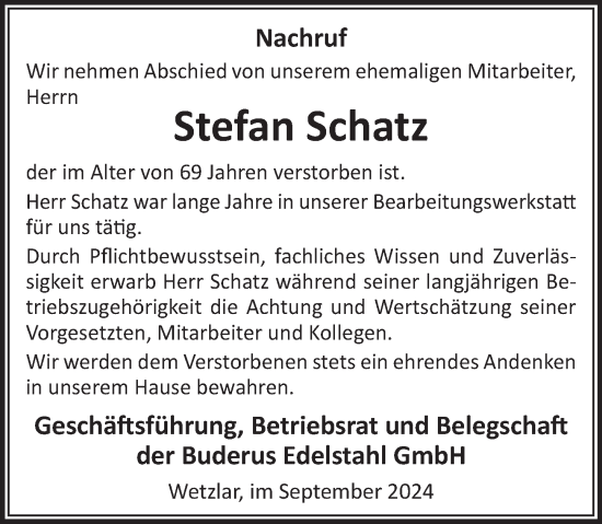 Traueranzeige von Stefan Schatz von Wetzlarer Neue Zeitung