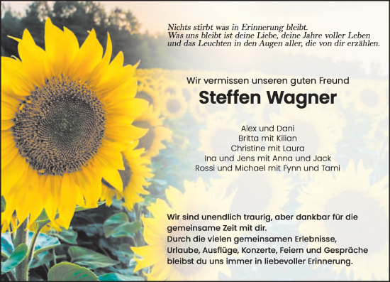 Traueranzeige von Steffen Wagner von Hinterländer Anzeiger