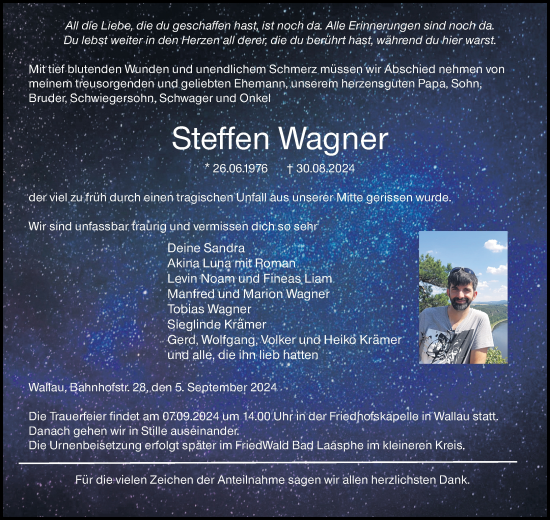 Traueranzeige von Steffen Wagner von Hinterländer Anzeiger