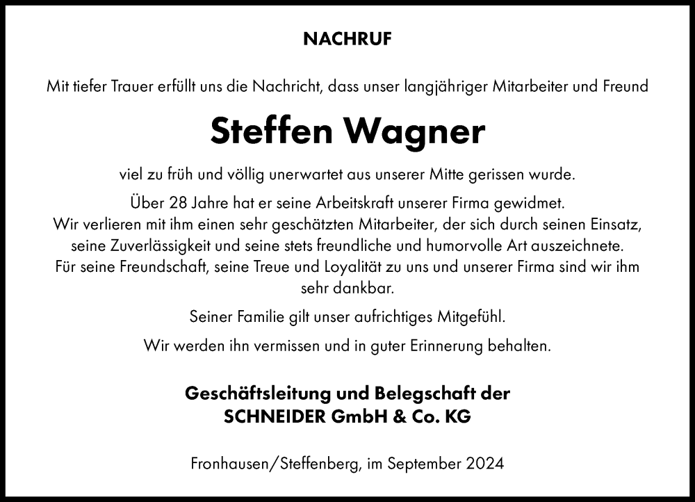  Traueranzeige für Steffen Wagner vom 06.09.2024 aus Hinterländer Anzeiger