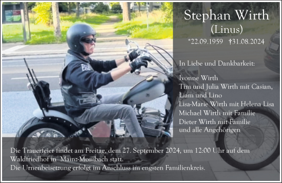 Traueranzeige von Stephan Wirth von Allgemeine Zeitung Mainz