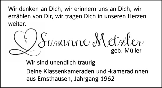 Traueranzeige von Susanne Metzler von Weilburger Tageblatt
