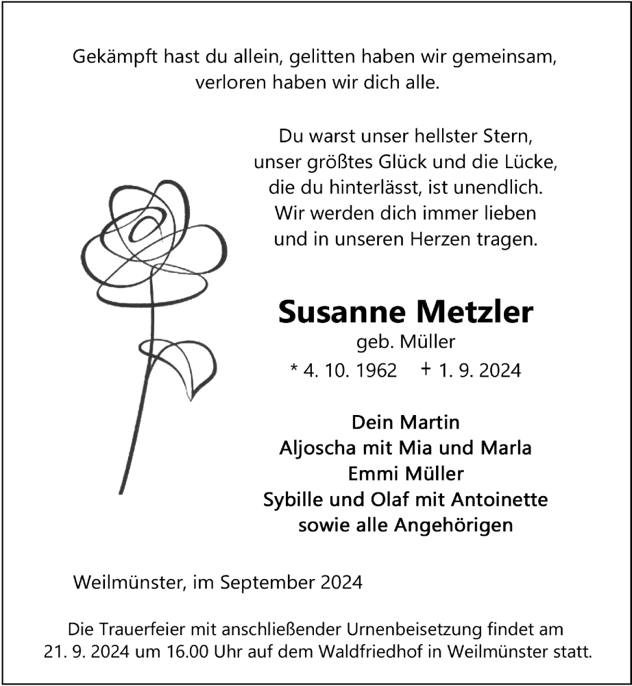  Traueranzeige für Susanne Metzler vom 14.09.2024 aus Weilburger Tageblatt