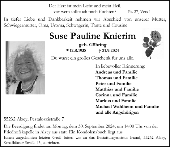 Traueranzeige von Suse Pauline Knierim von Allgemeine Zeitung Alzey