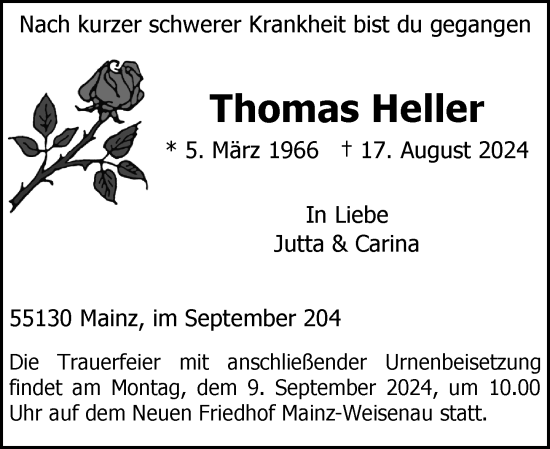Traueranzeige von Thomas Heller von Allgemeine Zeitung Mainz