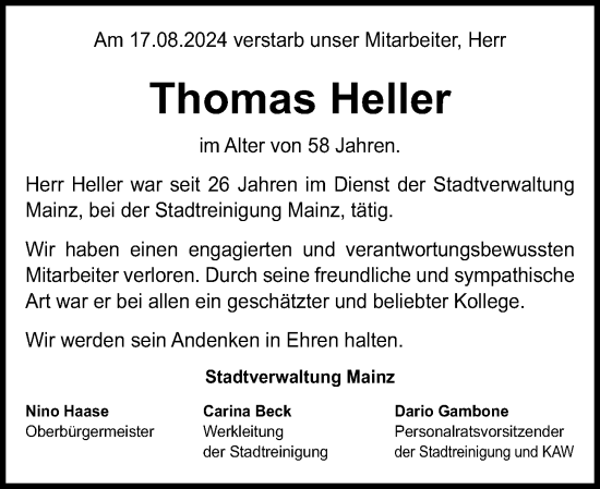 Traueranzeige von Thomas Heller von Allgemeine Zeitung Mainz