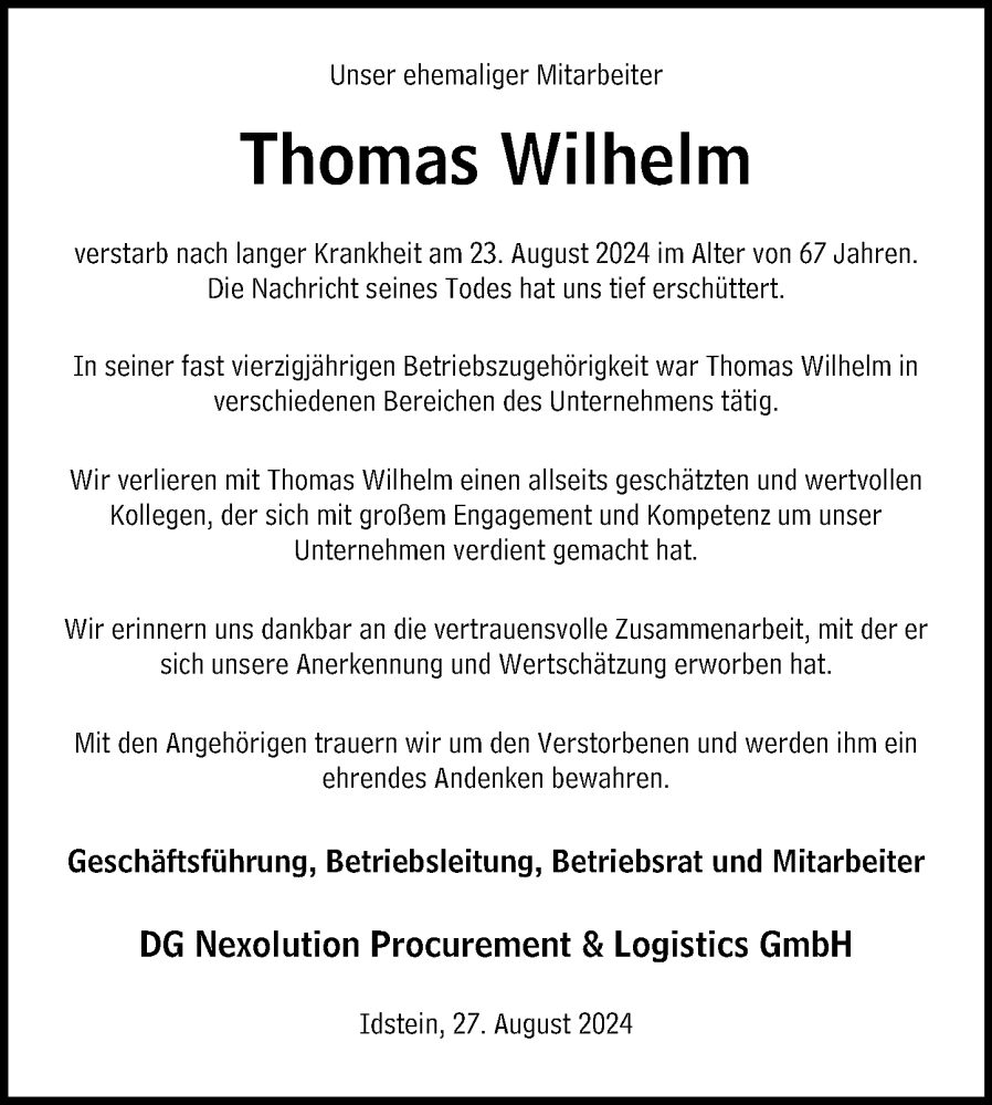  Traueranzeige für Thomas Wilhelm vom 05.09.2024 aus Wiesbadener Kurier