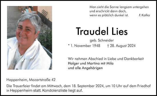 Traueranzeige von Traudel Lies von Starkenburger Echo