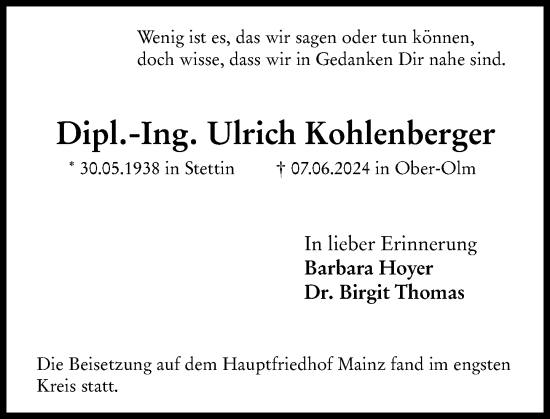 Traueranzeige von Ulrich Kohlenberger von Allgemeine Zeitung Mainz
