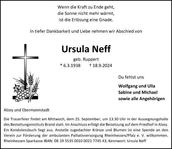 Traueranzeige von Ursula Neff von Allgemeine Zeitung Alzey