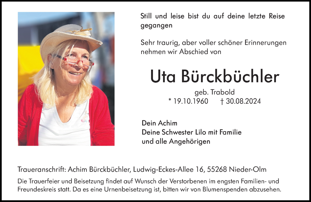  Traueranzeige für Uta Bürckbüchler vom 07.09.2024 aus Allgemeine Zeitung Mainz