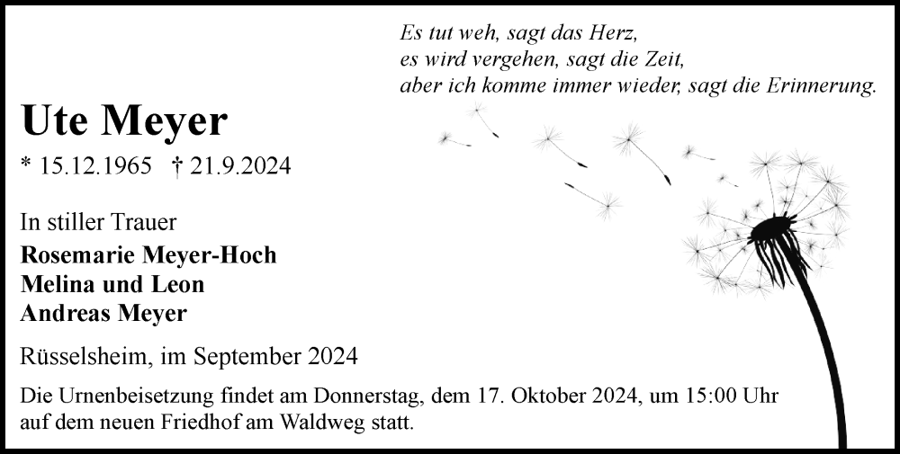  Traueranzeige für Ute Meyer vom 28.09.2024 aus Rüsselsheimer Echo