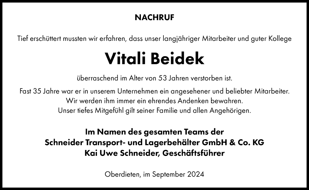  Traueranzeige für Vitali Beidek vom 24.09.2024 aus Hinterländer Anzeiger