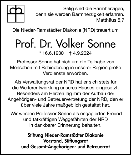 Traueranzeige von Volker Sonne von Darmstädter Echo