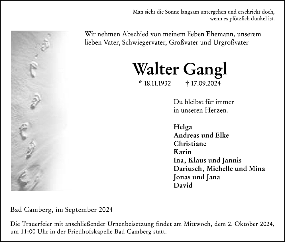  Traueranzeige für Walter Gangl vom 26.09.2024 aus Camberger Anzeiger