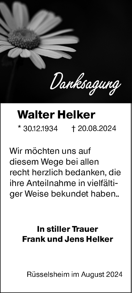  Traueranzeige für Walter Helker vom 21.09.2024 aus Rüsselsheimer Echo
