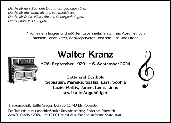 Traueranzeige von Walter Kranz von Wiesbadener Kurier