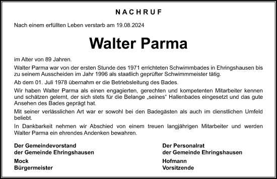 Traueranzeige von Walter Parma von Wetzlarer Neue Zeitung