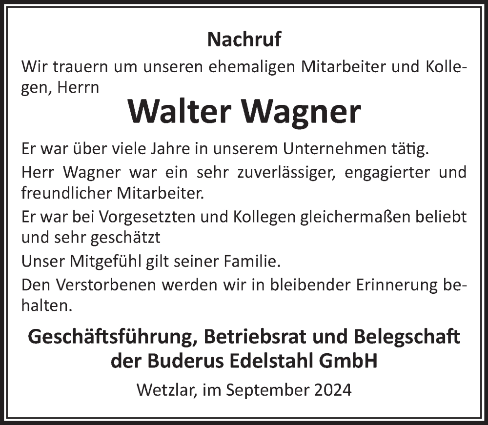  Traueranzeige für Walter Wagner vom 28.09.2024 aus Wetzlarer Neue Zeitung