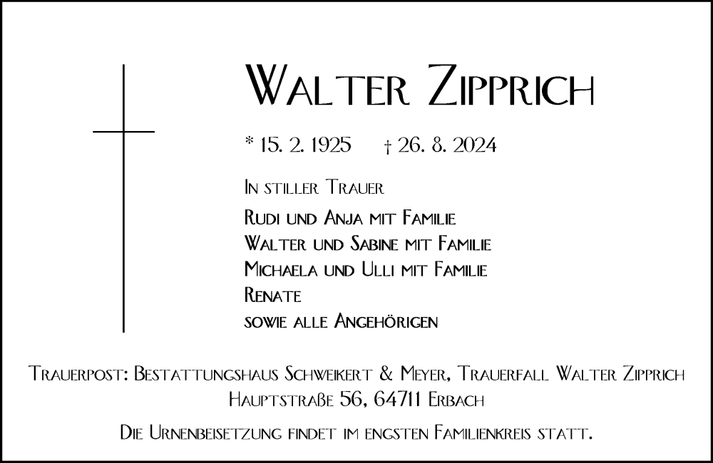  Traueranzeige für Walter Zipprich vom 07.09.2024 aus Odenwälder Echo