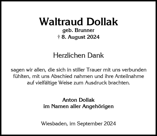 Traueranzeige von Waltraud Dollak von Wiesbadener Kurier
