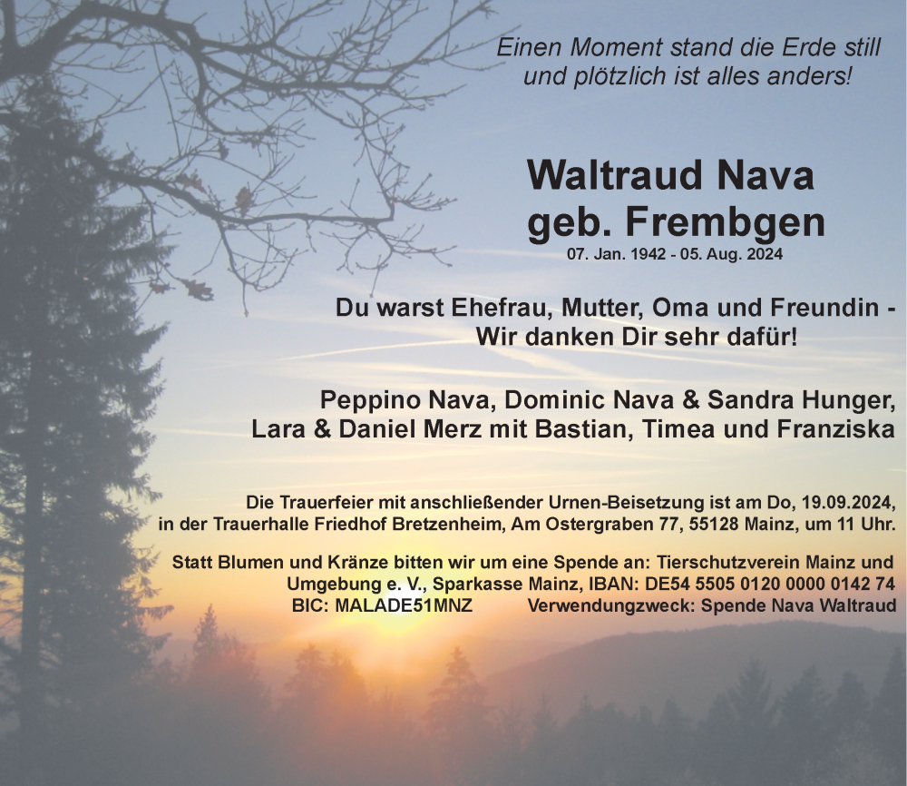  Traueranzeige für Waltraud Nava vom 14.09.2024 aus Allgemeine Zeitung Mainz