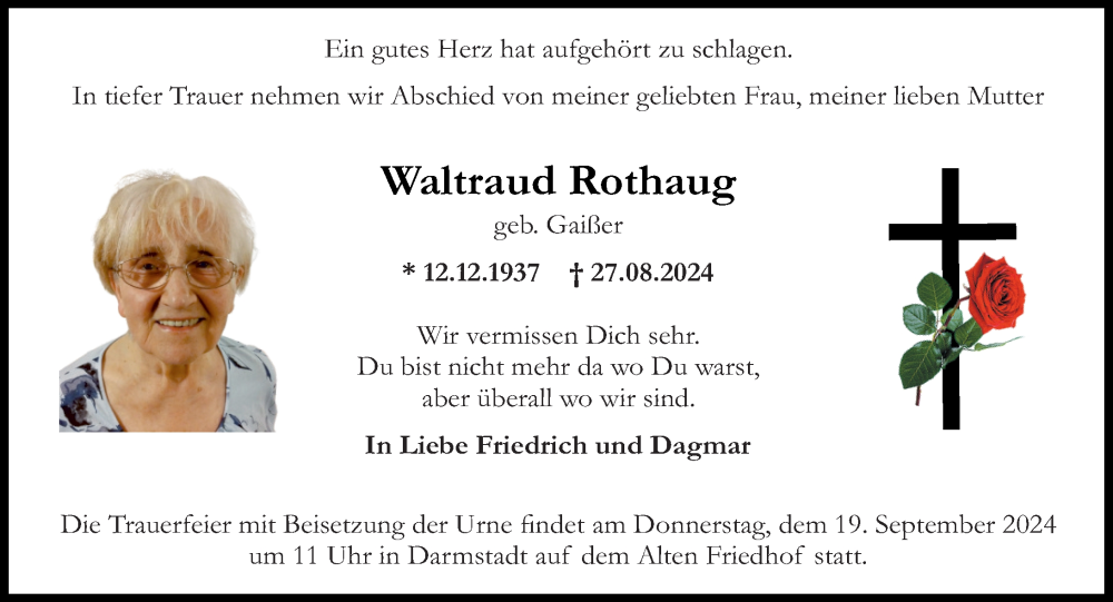  Traueranzeige für Waltraud Rothaug vom 14.09.2024 aus Darmstädter Echo