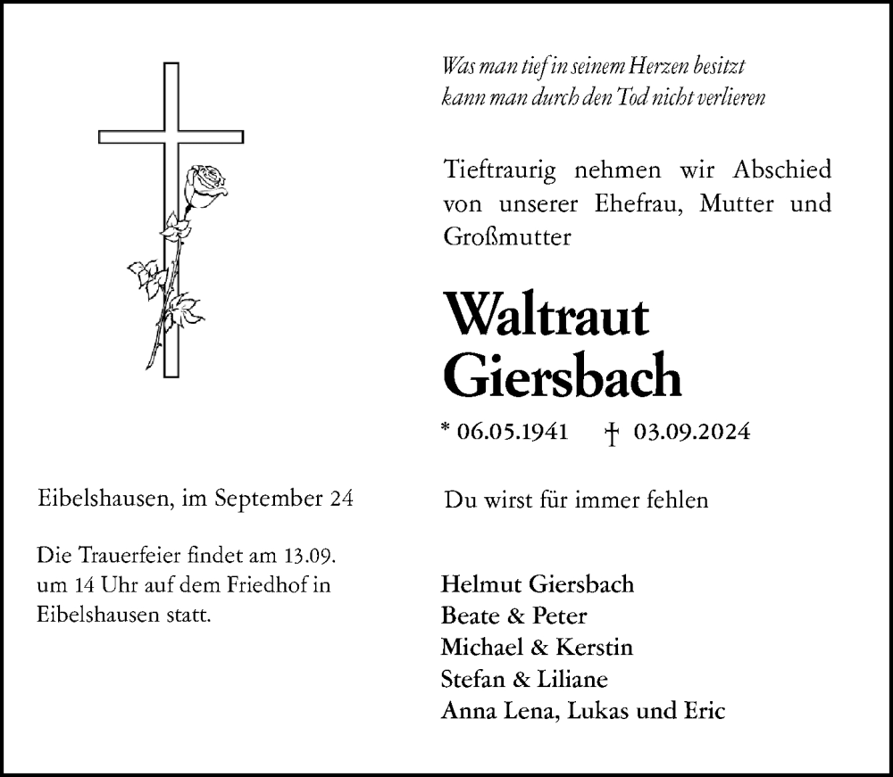  Traueranzeige für Waltraut Giersbach vom 09.09.2024 aus Hinterländer Anzeiger