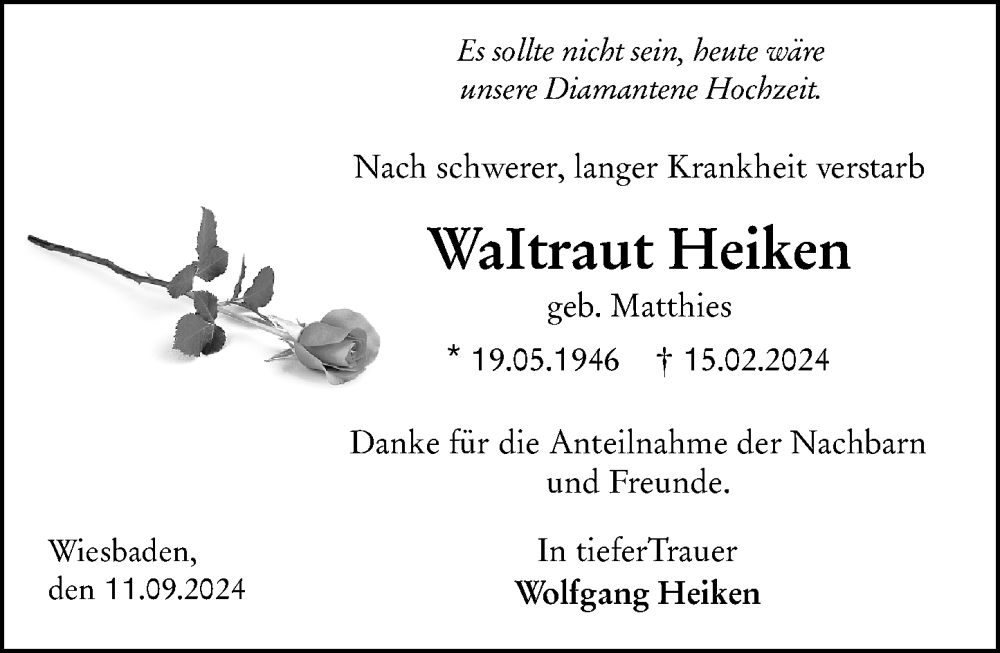  Traueranzeige für Waltraut Heiken vom 11.09.2024 aus Wiesbadener Kurier