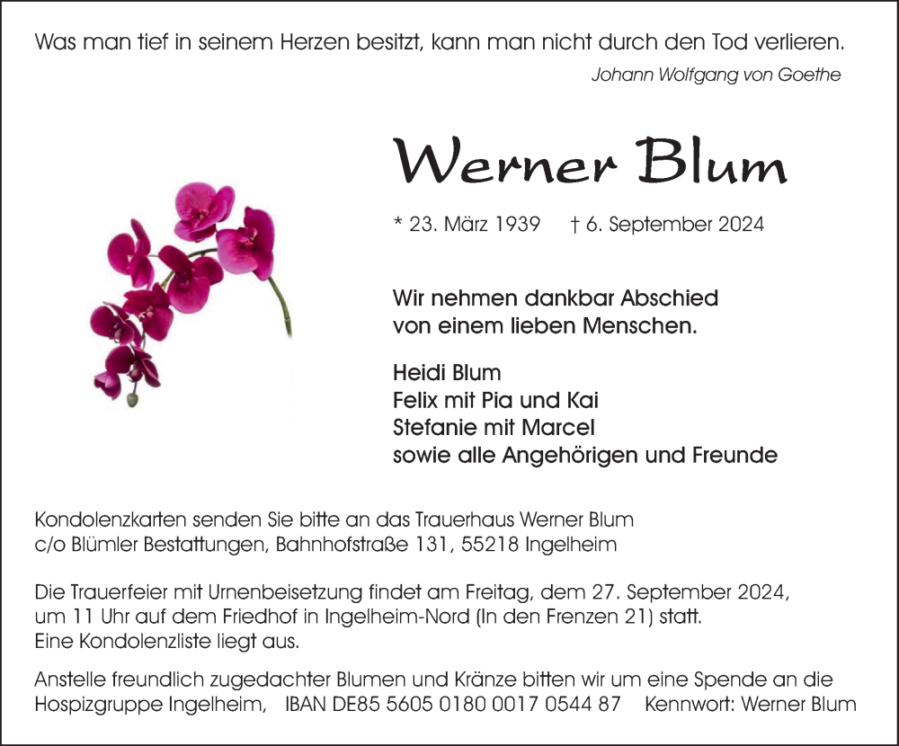  Traueranzeige für Werner Blum vom 14.09.2024 aus Allgemeine Zeitung Rheinhessen-Nahe