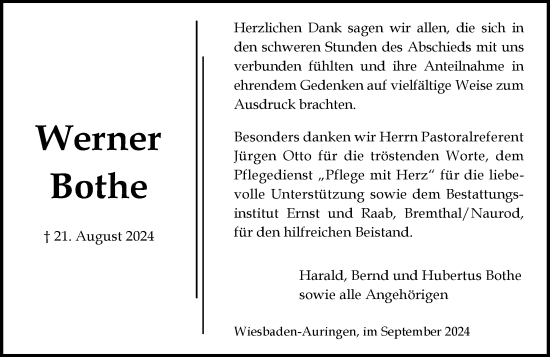 Traueranzeige von Werner Bothe von Wiesbadener Kurier