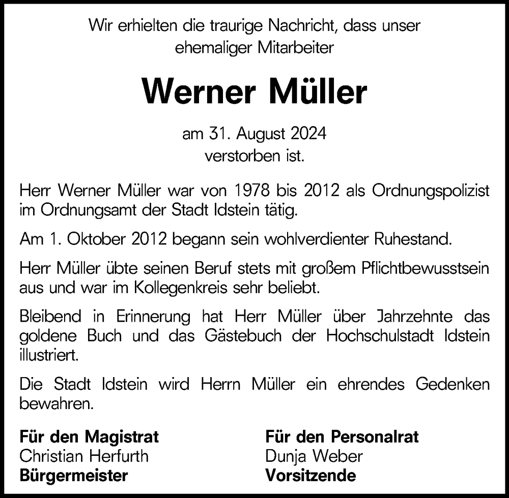  Traueranzeige für Werner Müller vom 19.09.2024 aus Idsteiner Land/Untertaunus