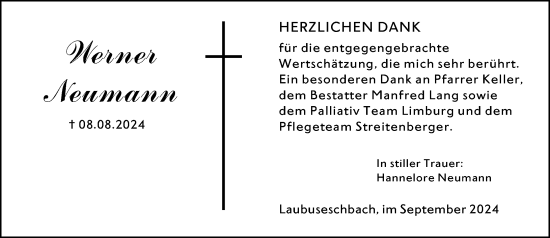 Traueranzeige von Werner Neumann von Weilburger Tageblatt