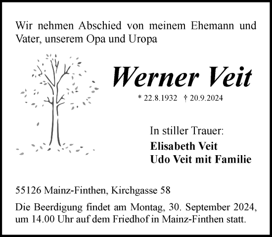 Traueranzeige von Werner Veit von Allgemeine Zeitung Mainz