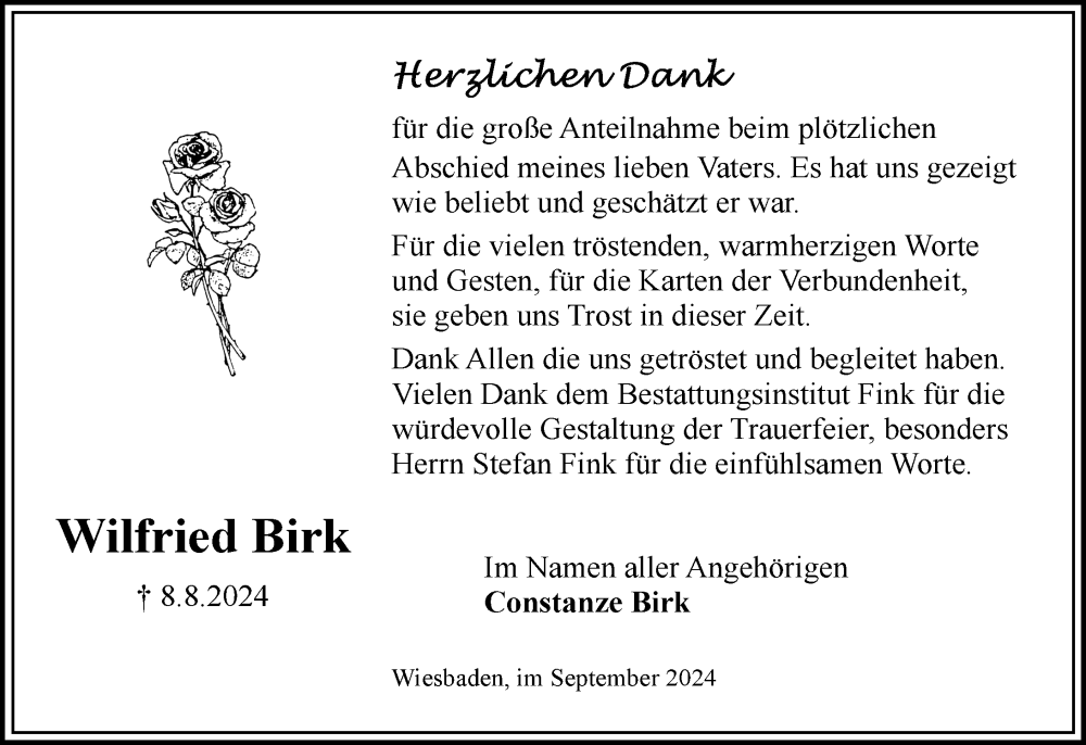  Traueranzeige für Wilfried Birk vom 21.09.2024 aus Wiesbadener Kurier