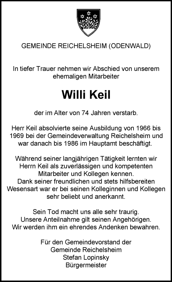 Traueranzeige von Willi Keil von Odenwälder Echo