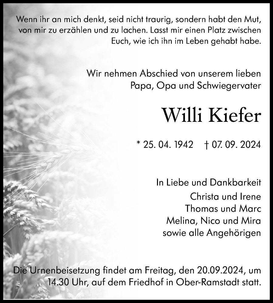  Traueranzeige für Willi Kiefer vom 14.09.2024 aus Darmstädter Echo