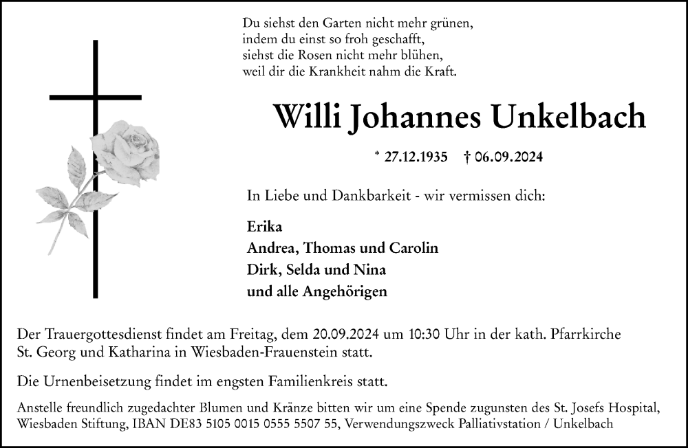  Traueranzeige für Willi Johannes Unkelbach vom 14.09.2024 aus Wiesbadener Kurier