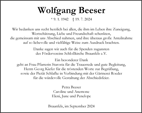 Traueranzeige von Wolfgang Beeser von Wetzlarer Neue Zeitung