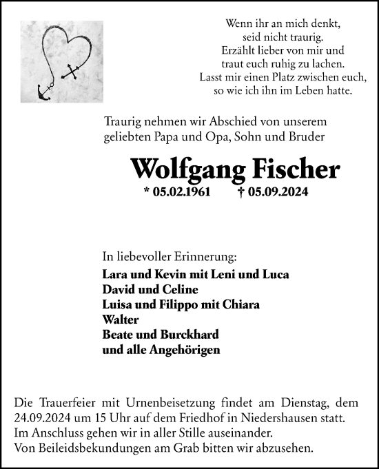 Traueranzeige von Wolfgang Fischer von Weilburger Tageblatt
