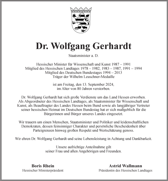 Traueranzeige von Wolfgang Gerhardt von Wiesbadener Kurier